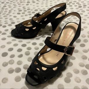 Sacha London Leslie Peep Toe Sandals Black Leather Size 6